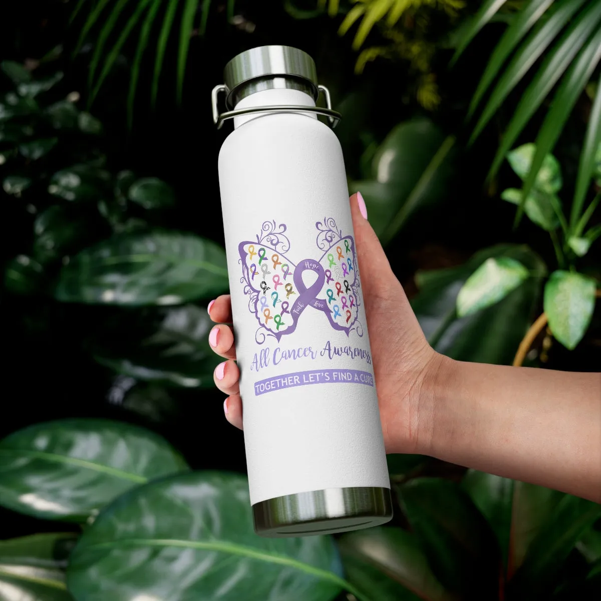 All Cancer Awareness Filigree Butterfly Copper Vacuum Insulated Bottle, 22oz - Several Colors Available