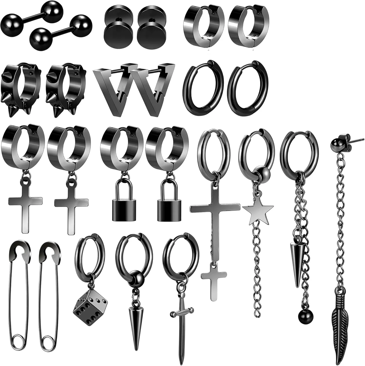 Black Cross Dangle Earrings for Men, 25 Pieces Stainless Steel Long Chain Piercing Hoop Earrings Set for Unisex
