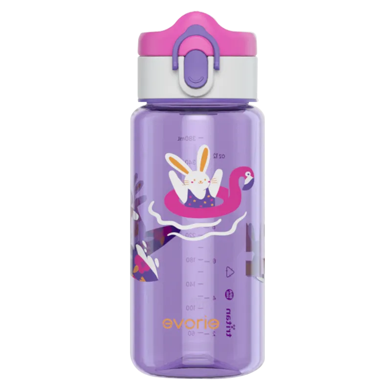 Evorie Tritan Kids Drinking Spout Water Bottle 380mL, Purple Bunny