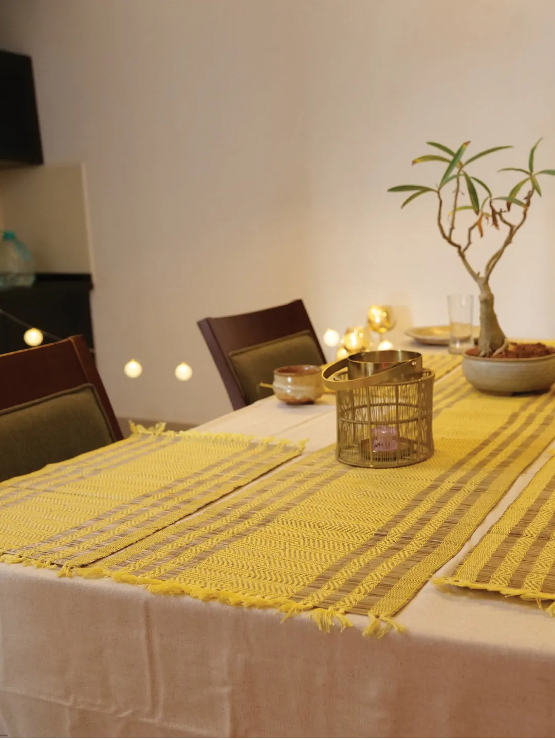 Handcrafted Madhurkathi Set Of Table Mat And Runner Yellow
