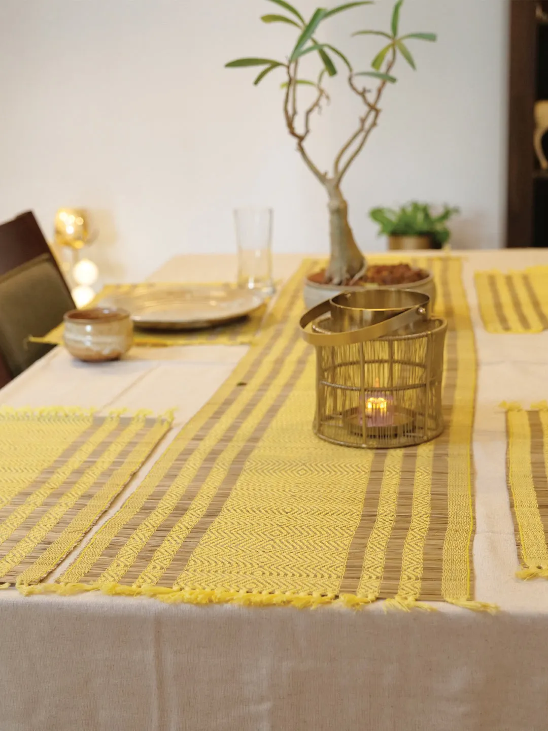 Handcrafted Madhurkathi Set Of Table Mat And Runner Yellow