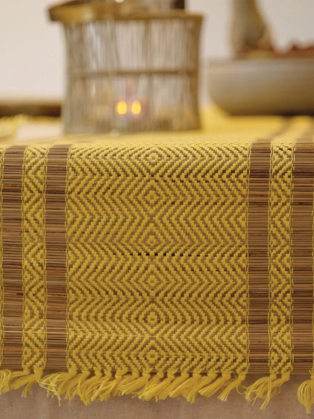 Handcrafted Madhurkathi Set Of Table Mat And Runner Yellow